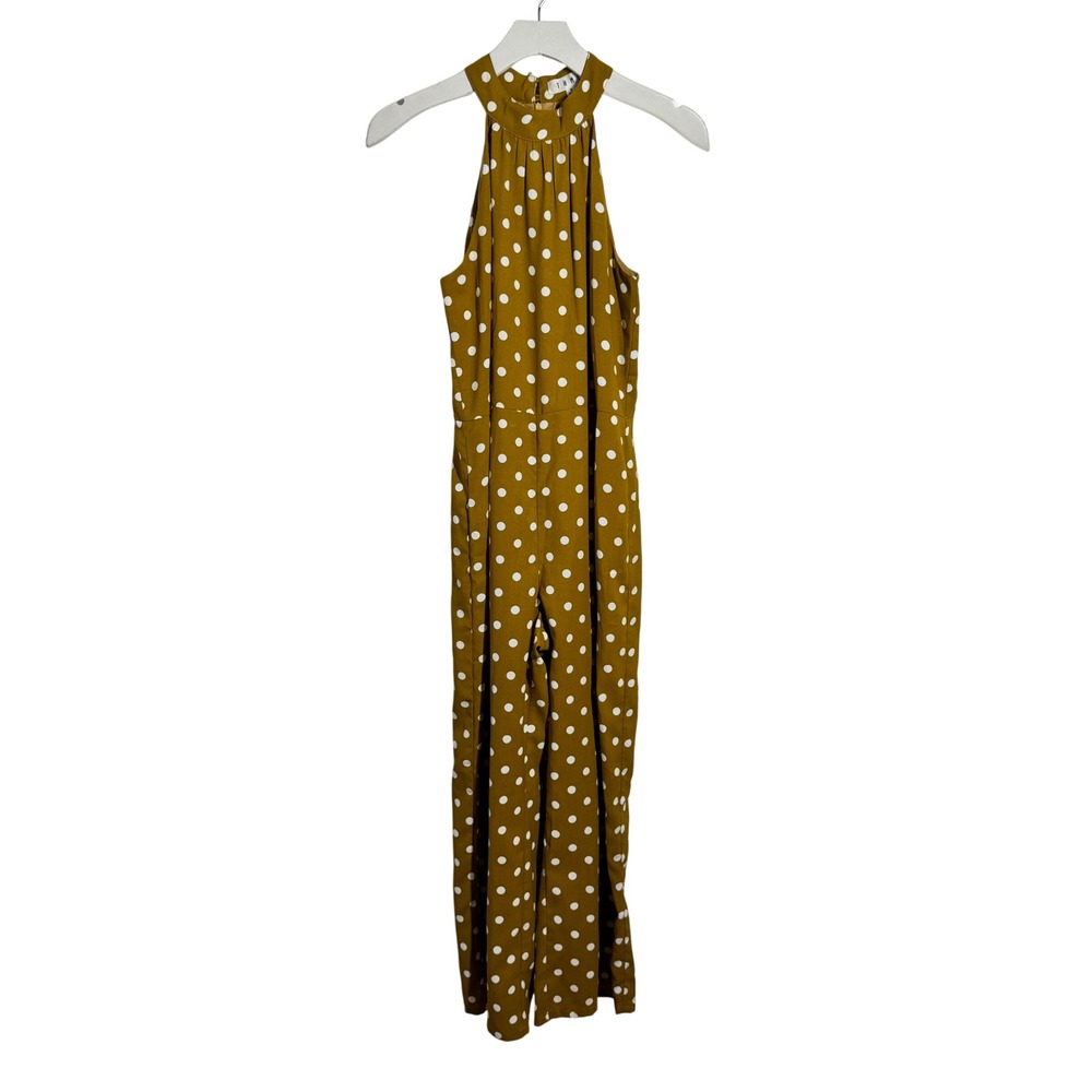 THML Mustard Yellow Polka Dot Halter Wide Leg Jumpsuit TM4801-1 S Preppy